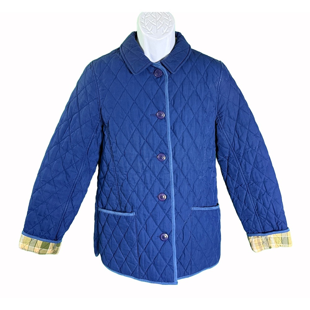 L.L.Bean Quilted Barn Jacket Womens M Blue Plaid Lined Button Front 0BC9Y